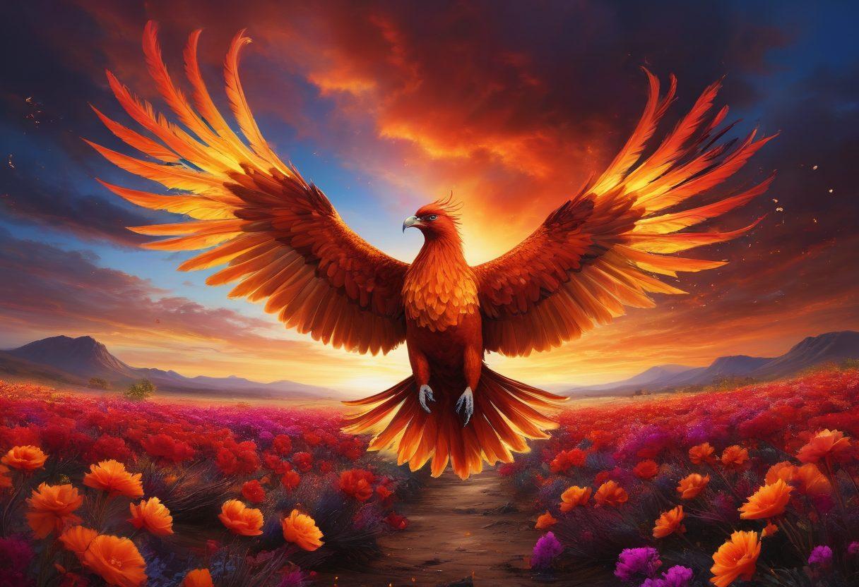 A phoenix soaring high above a vibrant landscape, symbolizing rebirth and transformation, surrounded by colorful flowers blooming from ashes. The sky transitions from dark to bright, representing a journey from despair to joy. The scene is infused with warmth and light, creating an uplifting atmosphere. super-realistic. vibrant colors.