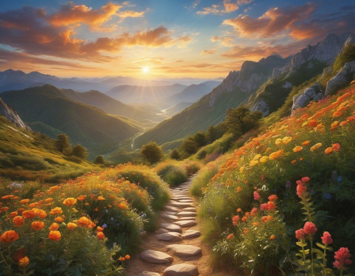 A serene mountain landscape bathed in golden sunlight, with a vibrant path winding upward lined with blooming flowers symbolizing transformation. A diverse group of joyful individuals, each in a unique pose of celebration, is seen ascending the path together. In the background, a bright sky with playful clouds representing rebirth and positivity. super-realistic. vibrant colors. uplifting atmosphere.