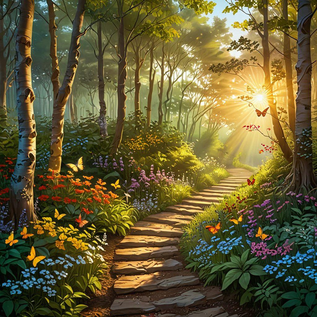 A vibrant sunrise illuminating a winding path that leads through a lush, green forest filled with blooming flowers, symbolizing new beginnings. Along the path, a cheerful figure joyfully embraces their transformation, surrounded by butterflies and birds. Incorporate uplifting colors to evoke a sense of hope and positivity. super-realistic. vibrant colors. 3D.